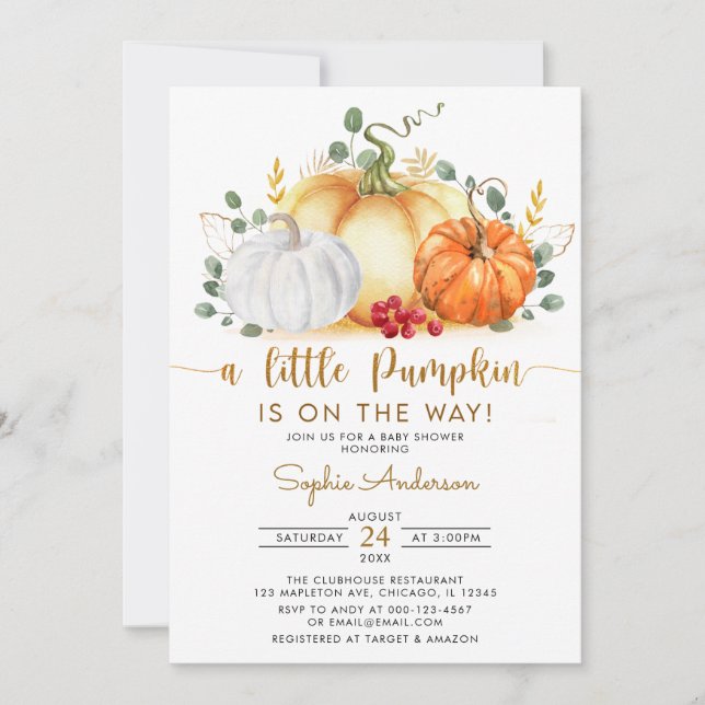 Ein wenig Pumpkin Gold Glitzer fallen Baby Dusche Einladung (Vorderseite)
