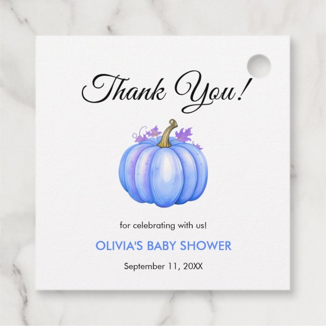 Ein wenig Pumpkin Herbst Blue Boy Baby Dusche Geschenkanhänger (Rückseite)