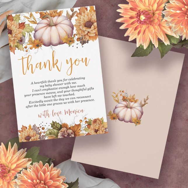 Ein wenig Pumpkin Herbst Floral Baby Dusche Dankeskarte (A Little Pumpkin Watercolor Girl Pink Baby Shower Thank You Card)