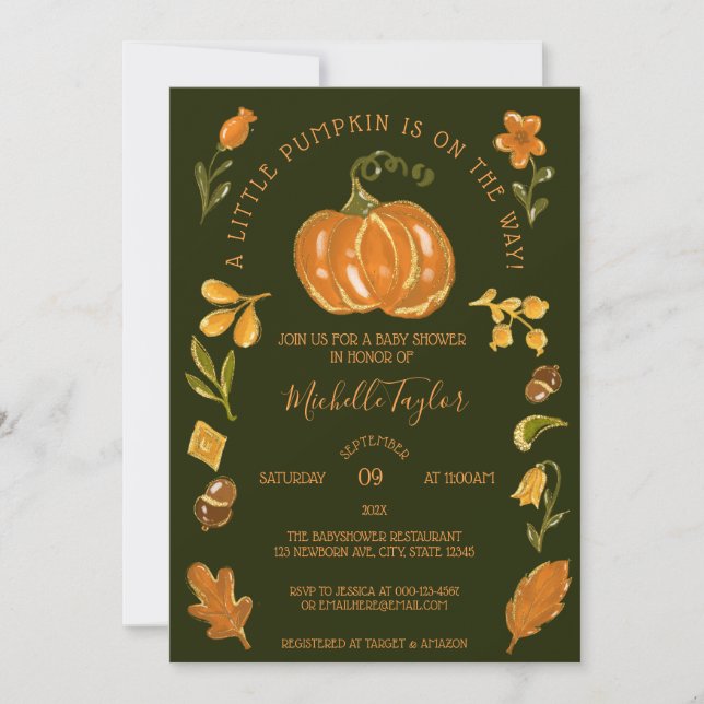 Ein wenig Pumpkin Herbst Floral Baby Dusche Einladung (Vorderseite)