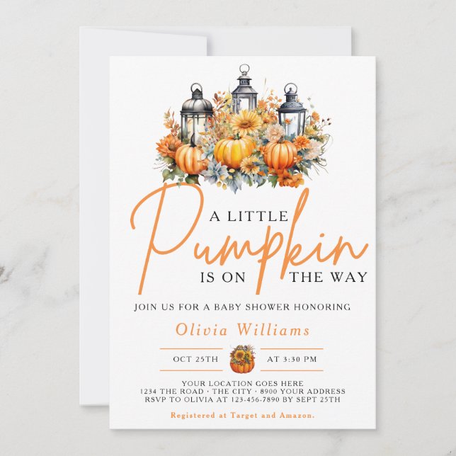 Ein wenig Pumpkin Herbst Floral Baby Dusche Einladung (Vorderseite)
