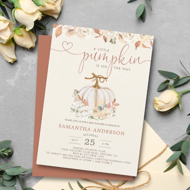 Ein wenig Pumpkin Herbst Floral Baby Dusche Einladung (Welcome a new life with this fall-themed invitation featuring a little pumpkin on the way! )