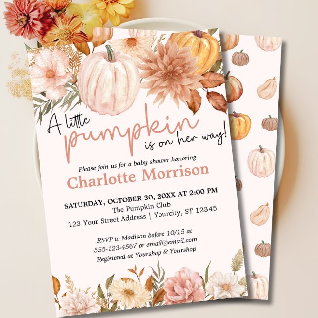 Ein wenig Pumpkin Herbst Floral Baby Dusche Einladung (Little Pumpkin Blush Pink Fall Baby Shower Invite)