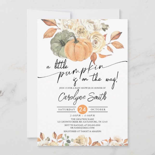 Ein wenig Pumpkin Herbst Floral Baby Dusche Einladung (Vorderseite)