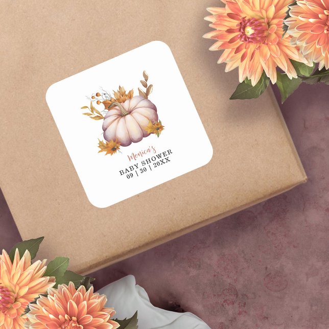 Ein wenig Pumpkin Herbst Floral Baby Dusche Quadratischer Aufkleber (A Little Pumpkin Autumn Fall Floral Baby Shower Square Sticker)