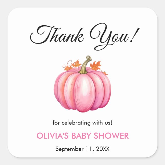 Ein wenig Pumpkin Herbst Pink Girl Babydusche Quadratischer Aufkleber (Vorderseite)