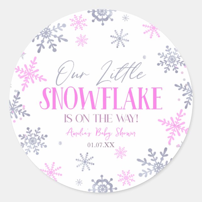 Ein wenig Schneeflocken Winter Pink Baby Dusche Runder Aufkleber (Vorderseite)