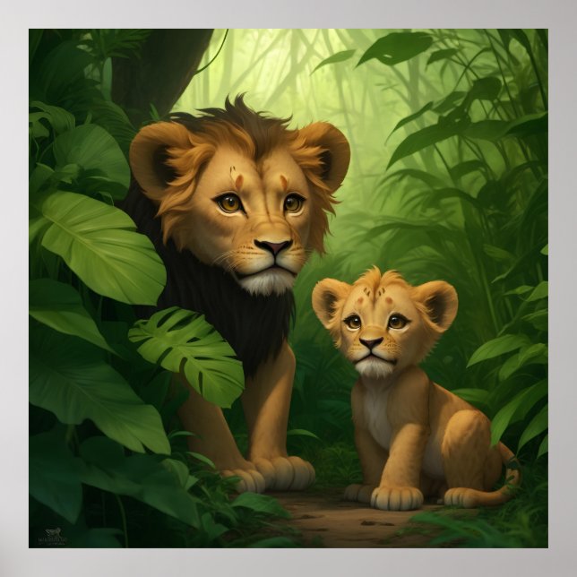 ein winziger Löwe mit einem großen Herz im grünen  Poster (Vorne)