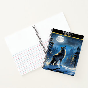 Ein Wolf singt auf dem Mond in einer sternigen Win Notizbuch
