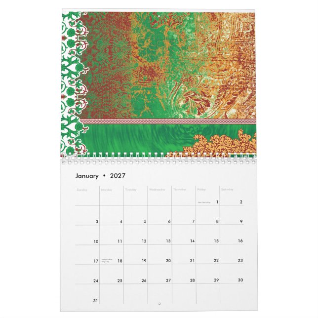 Ein wunderschön gestalteter indischer Schal in Grü Kalender (Jan 2027)
