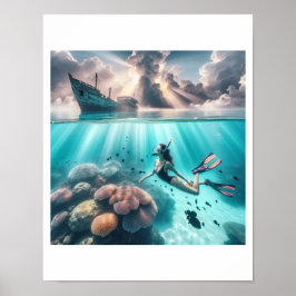 Ein wunderschöner Taucher findet ein versunkenes S Poster