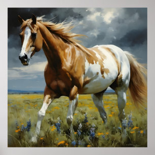 Ein wunderschönes Pinto-Pferd auf der Wiese Poster