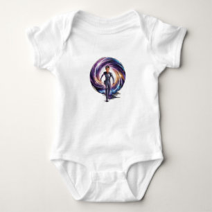 Ein Zeitreisender, der durch ein Portal geht, mit Baby Strampler