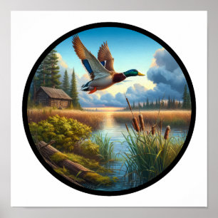 Ein zirkuläres 3D-Bild eines Mallard Duck Flying Poster