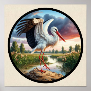Ein zirkuläres 3D-Bild eines schönen weißen Storch Poster