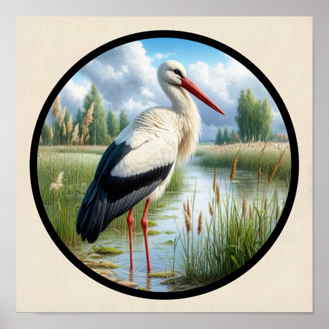 Ein zirkuläres 3D-Bild eines schönen weißen Storch Poster (Vorne)
