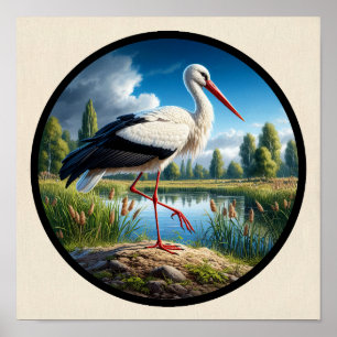 Ein zirkuläres 3D-Bild eines schönen weißen Storch Poster