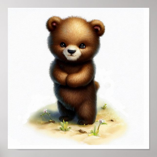 Eine 3D-Aquarellmalerei auf einem Grizzly Bärenkub Poster (Vorne)