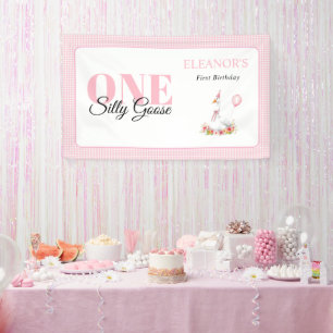 Eine alberne Gans, rosa Gingham Girl's 1. Geburtst Banner