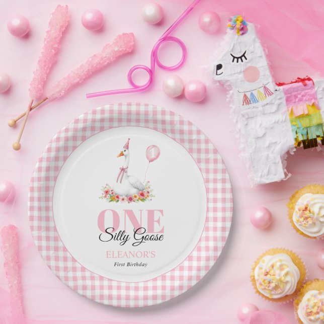 Eine alberne Gans, rosa Gingham Girl's 1. Geburtst Pappteller (Party)