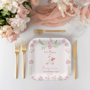 Eine alberne Gans Vintage Rosa Ente 1. Geburtstag Pappteller