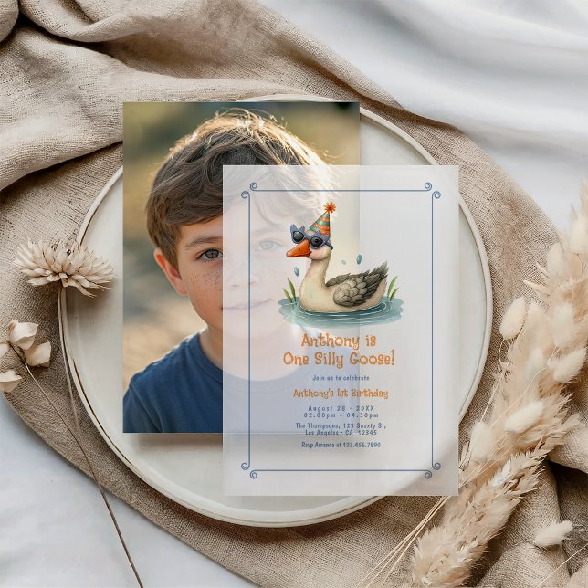 Eine Alberne Gänse-Transslusive erste Geburtstagsp (One Silly Goose Translucent First Birthday Party Vellum Invitations)