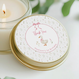 Eine Alberne Gänse-Wildblume Rosa Bow 1. Geburtsta Runder Aufkleber