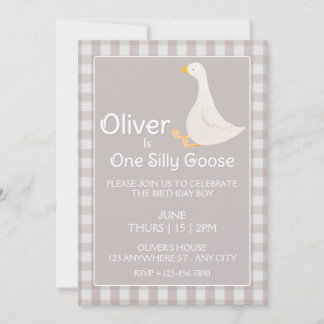 Eine Alberne Goose Beige Gingham First Birthday Pa Einladung
