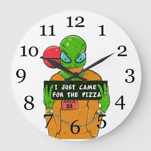 Eine Alien, die Pizza Liebe Große Wanduhr (Vorderseite)