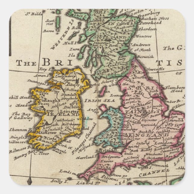 Eine allgemeine Karte Großbritanniens und Irlands Quadratischer Aufkleber (Vorderseite)