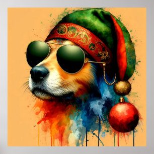 Eine Aquarellfarbe eines Hundes mit Sonnenbrillen- Poster