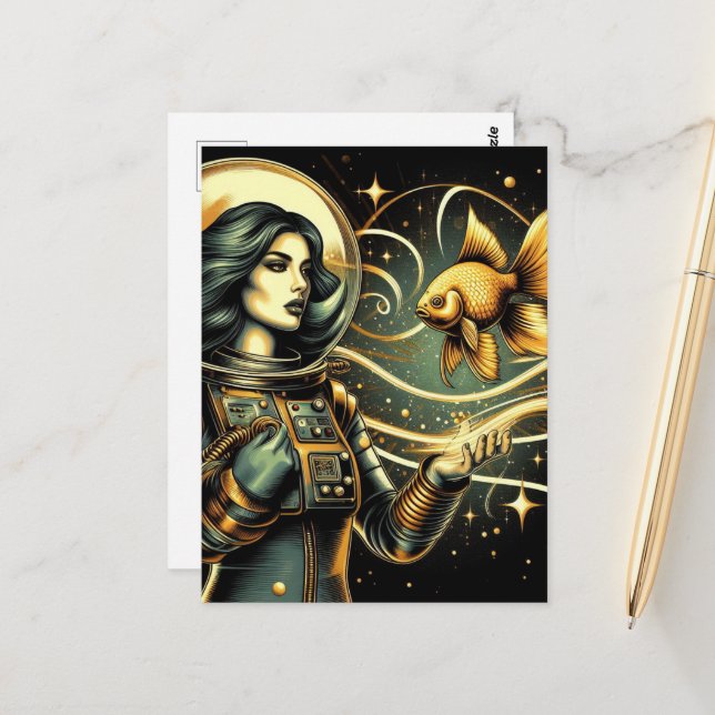 Eine Astronautin und ein Goldfisch Scifi Postkarte (Vorderseite/Rückseite Beispiel)