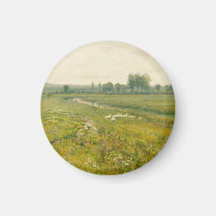 Eine ausgedehnte Wiesen-Landschaft mit Gänsen Magnet