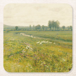 Eine ausgedehnte Wiesen-Landschaft mit Gänsen Rechteckiger Pappuntersetzer