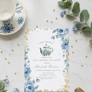 Eine Baby Brauerei Blaues Florales Dusche Einladung