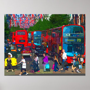 Eine belebte Oxford Street mit Einkaufenden und ro Poster