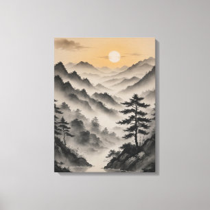 eine Berglandschaft mit Bäumen und Nebel Leinwanddruck