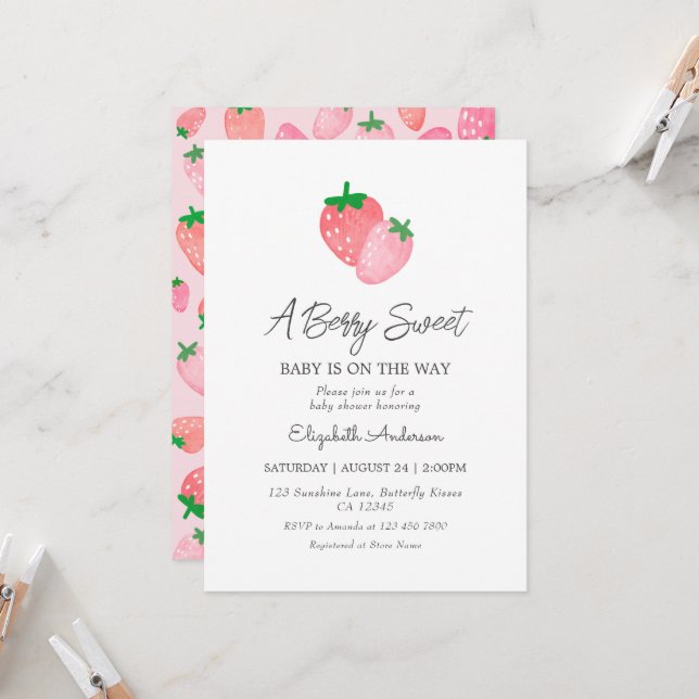 Eine Berry Sweet Strawberry Baby Dusche Einladung (Vorderseite/Rückseite Beispiel)