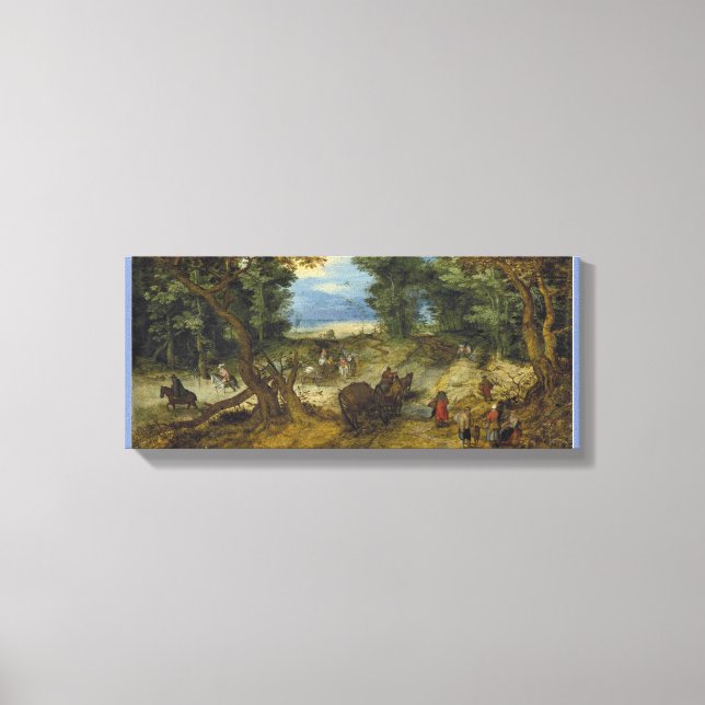 Eine bewaldete Landschaft mit Reisenden auf einem  Leinwanddruck (Vorderseite)