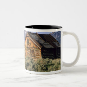 Eine Blockhütte und die Sawtooth-Berge in Zweifarbige Tasse