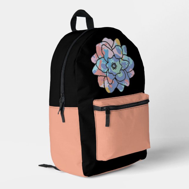 Eine Blume aus Farbflecken Bedruckter Rucksack (Rückseitige Ecke links)