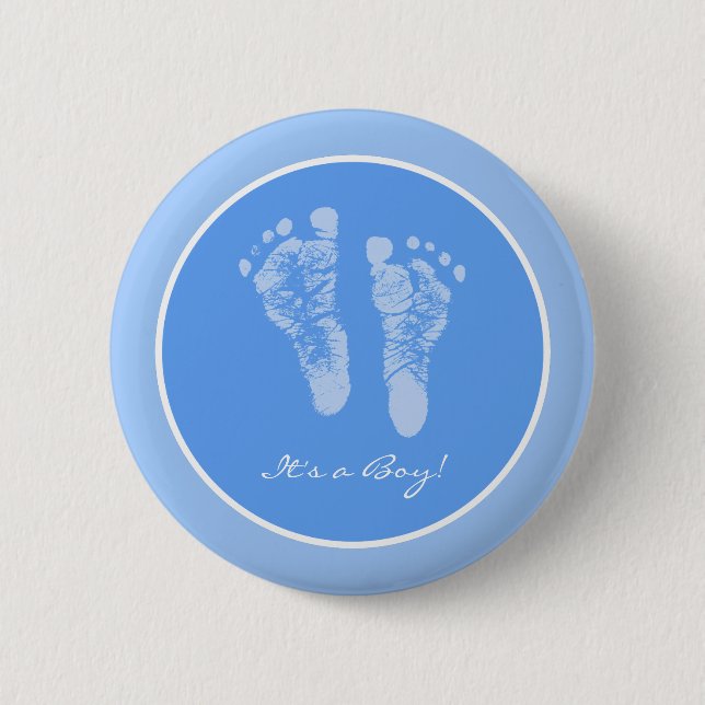 Eine Boy Blue Baby Footprint Ankündigung zur Gebur Button (Vorderseite)