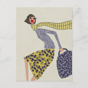Eine Chic Fall Windy Day Fashion Illustration Postkarte