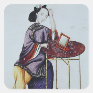 Eine Chinesin, die ihr die Haare anlegt Quadratischer Aufkleber