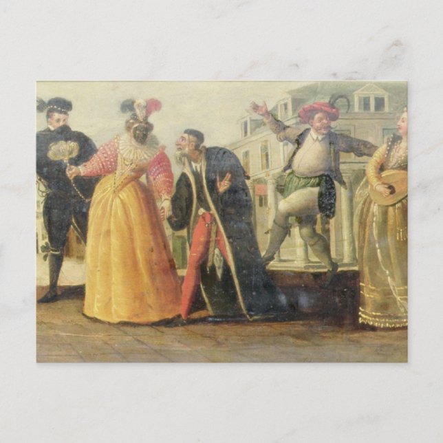 Eine Commedia- dell'arteTruppe vor einer Postkarte (Vorderseite)