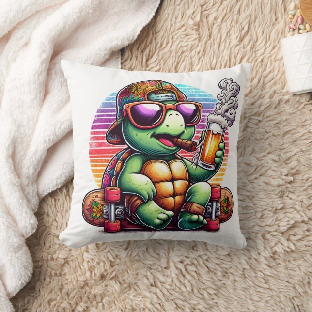 Eine coole Schildkröte, die auf einem Skateboard e Kissen (Decke)