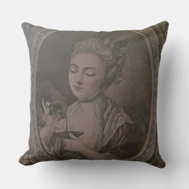 Eine Dame Drinking Chocolate (Farbelitho) Kissen (Vorderseite)