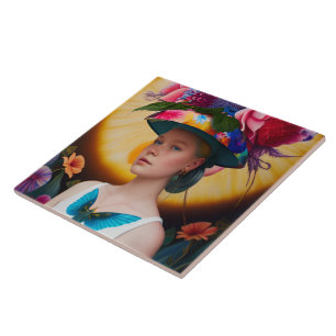 Eine Dame mit Blumenhut Fliese