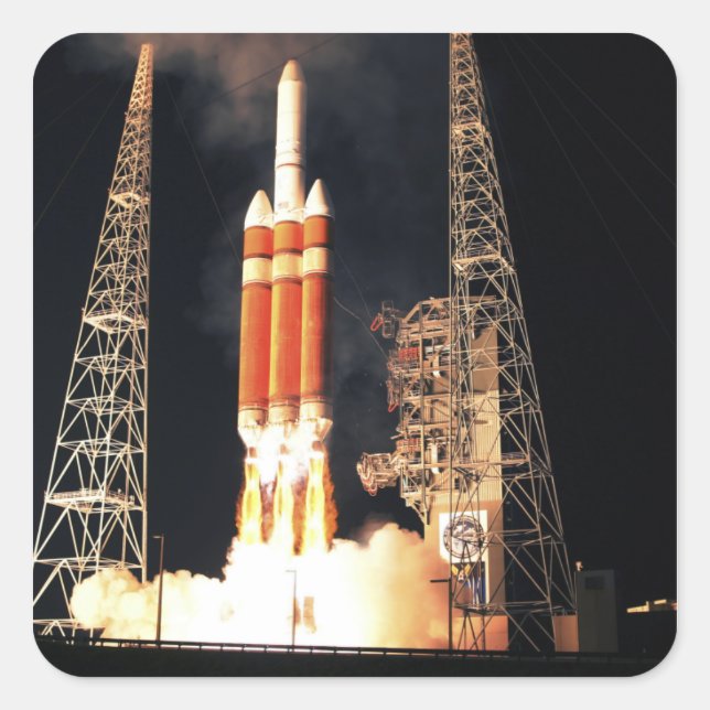 Eine Delta-IV-Rakete hebt ab Quadratischer Aufkleber (Vorderseite)