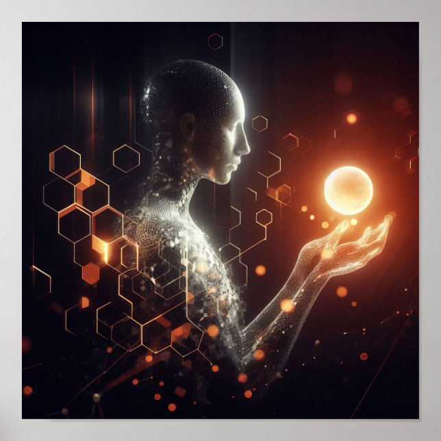 Eine digitale Lebensform, die mit einem virtuellen Poster (Vorne)